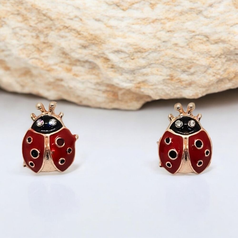 Red Ladybug Stud Earrings Gold-tone Pierced Ears Rhinestone Good Luck Lady Bug